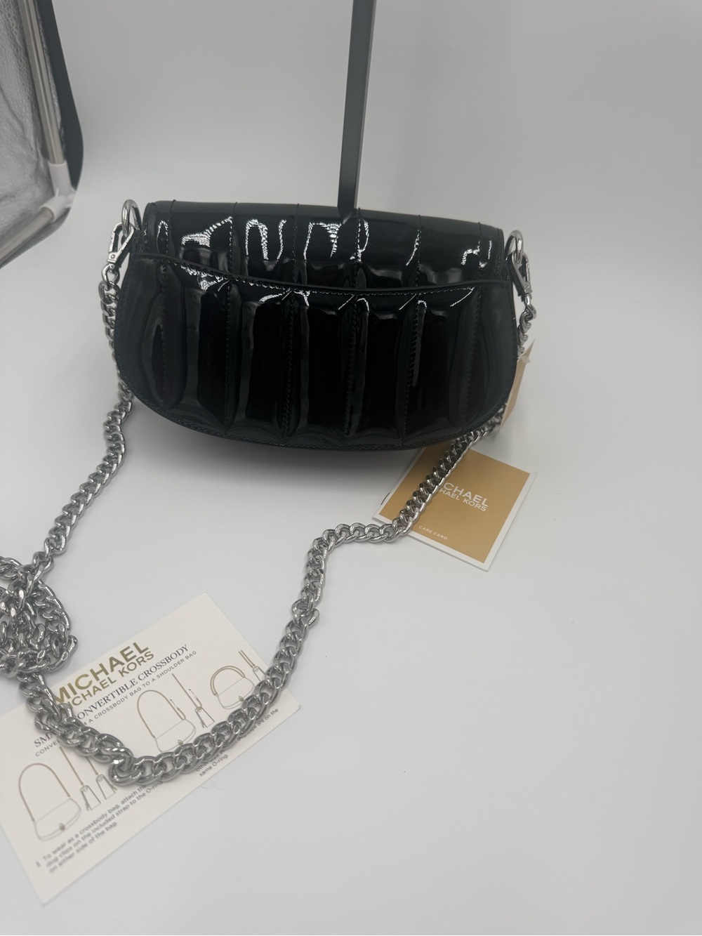 Michael Kors Black Patent Quilted Crossbody Bag with Silver Chain NWT - Picture 4 of 15